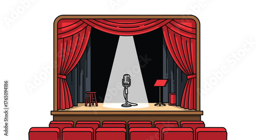 Classic stage setup illustration with microphone and draped red curtains