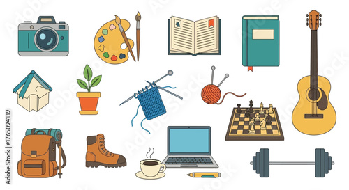 Collection of Colorful Lifestyle Icons Representing Diverse Hobbies and Interests