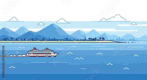 Coastal Cruise Adventure: A Serene Voyage with Mountain Backdrop Design