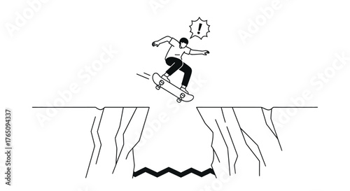 Skateboarder Jumping Over a Chasm, Risk Taking in Monochrome Illustration