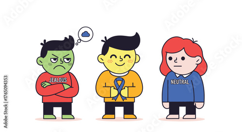 Emotions portrayed by three cartoon characters, jealousy, hope, and neutrality