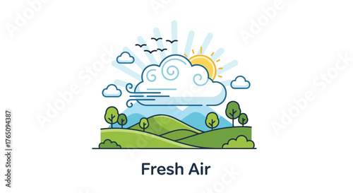 Illustration showcasing serene landscape with gentle wind blowing clouds