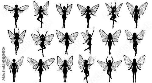 Elegant fairy silhouettes in dynamic poses, capturing magical wonder and whimsical charm for enchanting designs