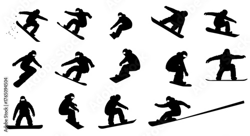 Dynamic snowboarder silhouettes capture thrilling aerial jumps and downhill carving for winter sports excitement and action graphics.