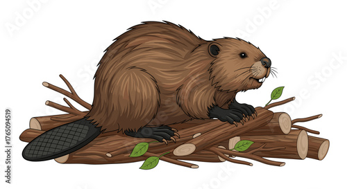 Charming cartoon beaver diligently building its dam with fresh logs and green leaves, a symbol of hard work and nature's industrious spirit.