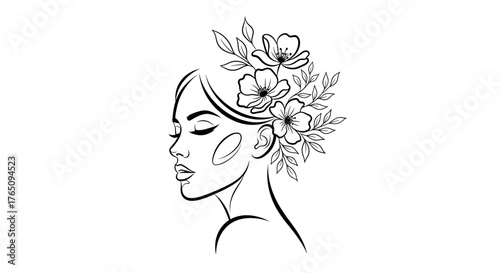 Elegant line art portrait of a serene woman adorned with delicate flowers and leaves, embodying natural beauty and grace for sophisticated designs.