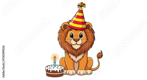 Joyful lion cub celebrates birthday wearing festive party hat beside delicious cake with lit candle, perfect for invitations and children's themes.