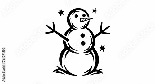 Christmas illustration of a snowman with stick arms and carrot nose surrounded by stars in black and white