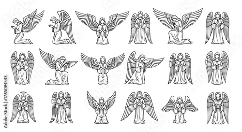 Stunning collection of elegant line art angels praying and with serene expressions, perfect for religious or spiritual designs