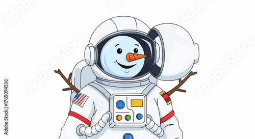 Christmas illustration of a snowman wearing an astronaut suit with a carrot nose and branch arms on white