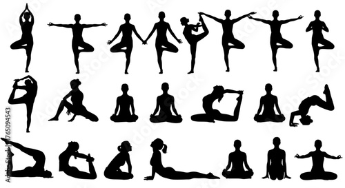 Dynamic collection of diverse yoga poses and silhouettes illustrating flexibility, balance, and mindful movement for wellness and fitness inspiration