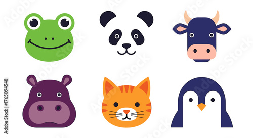 Adorable cartoon animal faces including a frog, panda, cow, hippo, cat, and penguin, perfect for children's designs and educational materials.