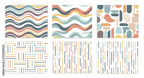 Vibrant abstract patterns featuring wavy lines, geometric shapes, and stripes in a modern color palette, perfect for graphic design backgrounds and textiles.