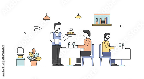 Friendly waiter serves delicious steaming pasta to happy diners enjoying a modern restaurant meal together with wine