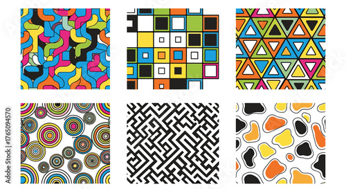 Vibrant, modern, and abstract geometric patterns in a playful and dynamic collection for creative projects.