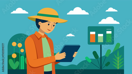 A farmer uses a tablet to monitor realtime crop growth data allowing them to make informed decisions about irrigation and fertilizer application.. Vector illustration