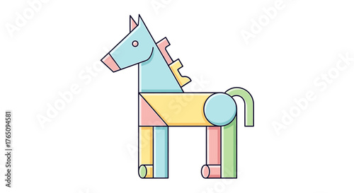 Whimsical geometric horse toy design, perfect for children's books, playful branding, and educational materials, evoking joy and creativity