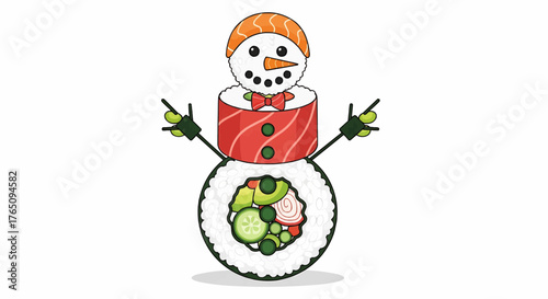 Christmas sushi snowman with salmon hat and cucumber carrot nose stands on a white background art illustration