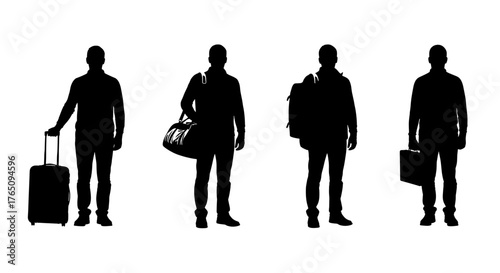 Diverse silhouettes of men with luggage showcase travel preparation, business trips, and urban mobility in a clean, modern presentation.