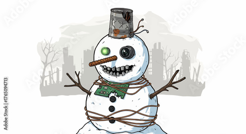 Christmas a whimsical post apocalyptic snowman with circuit boards and a can hat stands against ruins