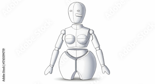 Christmas illustration of a disassembled female mannequin with a head, chest, and lower body section