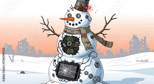Christmas illustration of a robotic snowman with exposed electronics in a post apocalyptic setting