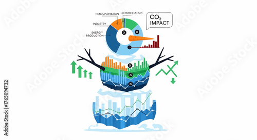 Christmas snowman infographic displaying carbon dioxide impact with industry and deforestation data shown clearly