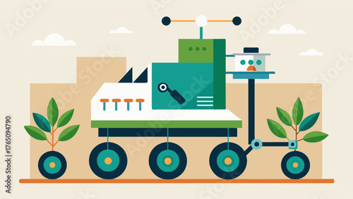 A mobile robotic unit equipped with sensors to detect the ideal harvesting time for each individual herb ensuring optimal flavor and quality.. Vector illustration