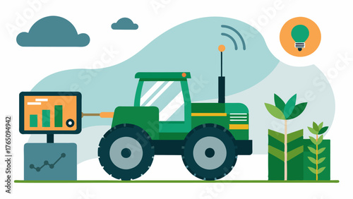 A monitoring device attached to a tractor providing realtime data on soil quality and nutrient levels allowing for optimized application of fertilizers and pesticides.. Vector illustration