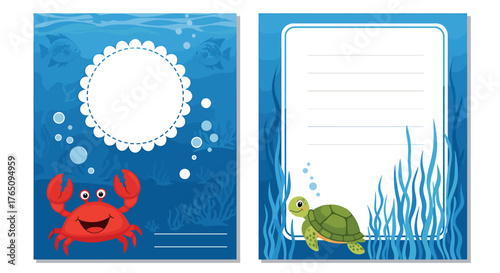 Whimsical underwater scene with cheerful crab and turtle invites joyous invitations, cards, or decorations for parties and events