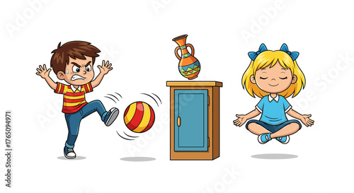 Angry boy kicking ball near serene girl meditating and a vase on cabinet, showing contrasting emotions and activities