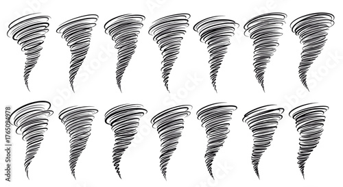 Dynamic tornado vortex illustrations set powerful swirling storm funnel cloud designs for weather and disaster themes