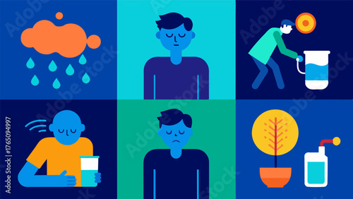 A series of images showing the potential consequences of chronic dehydration on the body including kidney stones urinary tract s and fainting spells.. Vector illustration