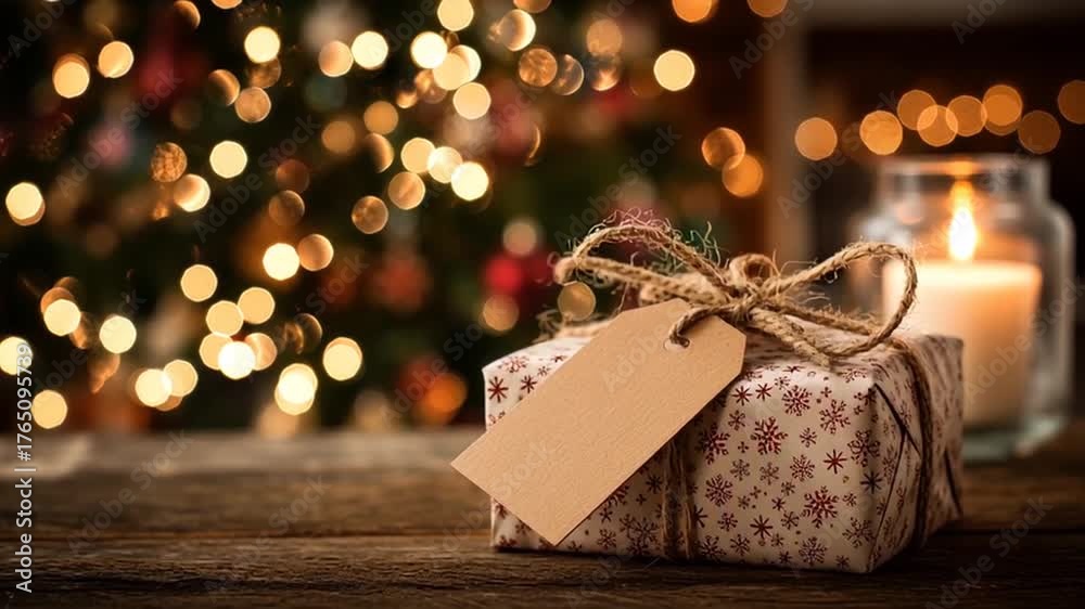 Escena navideña íntima con regalo envuelto, iluminación cálida y elementos decorativos tradicionales en un ambiente acogedor. Caja de regalo de madera, atada con cuerda y etiqueta, rodeada de velas.