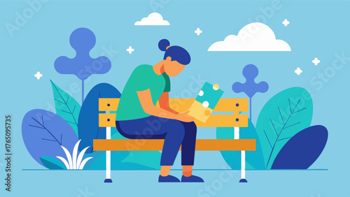 A person with depression finding solace and mental stimulation while completing a jigsaw puzzle on a bench in a botanical garden.. Vector illustration