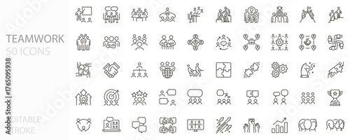 Teamwork and collaboration icon set. Icons for business, teams, leadership, cooperation, partnership, society, work group, communication, and success. Thin line editable stroke vector illustrations