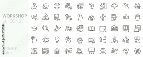 Workshop and training icons set. Thin line editable stroke vector symbols for education, teamwork, brainstorming, learning, and innovation.