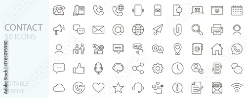 Contact and communication icon set. Icons such as support, phone, email, chat, e-mail, website, info and customer service. Thin line vector illustration editable stroke.