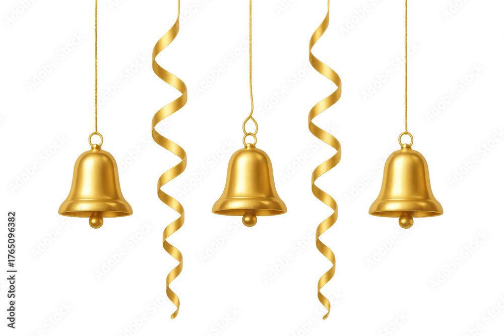 Obraz premium Golden bells and ribbons hanging celebrating festive holidays