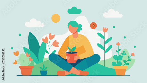 A person with Parkinsons disease sitting in a garden surrounded by plants and flowers known to have therapeutic effects on the brain. Gardening activities can improve movement and. Vector illustration