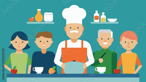 A cooking class at the memory cafe where individuals can learn simple recipes and cooking techniques to maintain their independence and continue a familiar activity.. Vector illustration