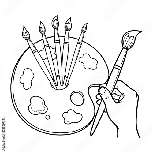 Artist's Hand Holding Brush with Paint Palette Illustration
