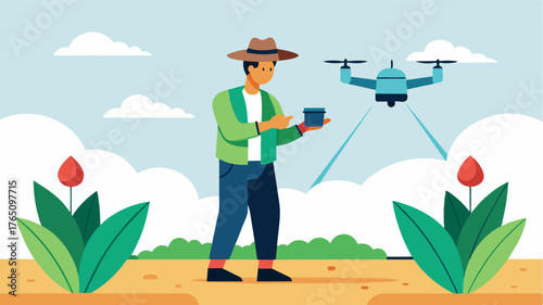 A farmer operates a drone that efficiently and precisely sprays a specific area of crops maximizing coverage and minimizing waste.. Vector illustration