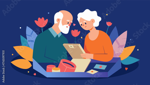A closeup depiction of an elderly couple sitting together looking through their shared memory box filled with love letters dried flowers and other tokens from their relationship.. Vector illustration