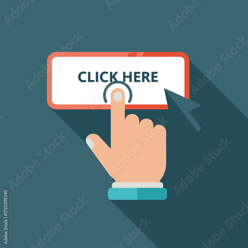 Finger pressing a button with text "click here".