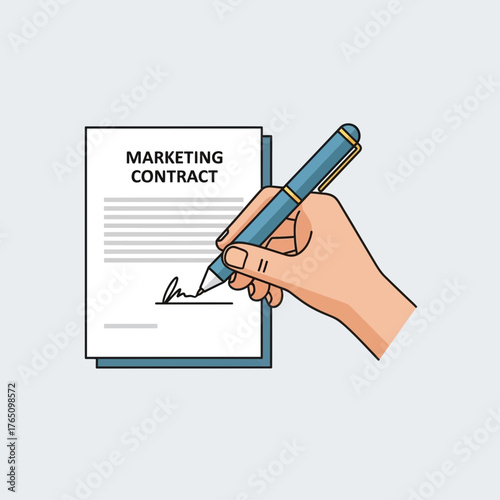 Hand signing a marketing contract with a pen.