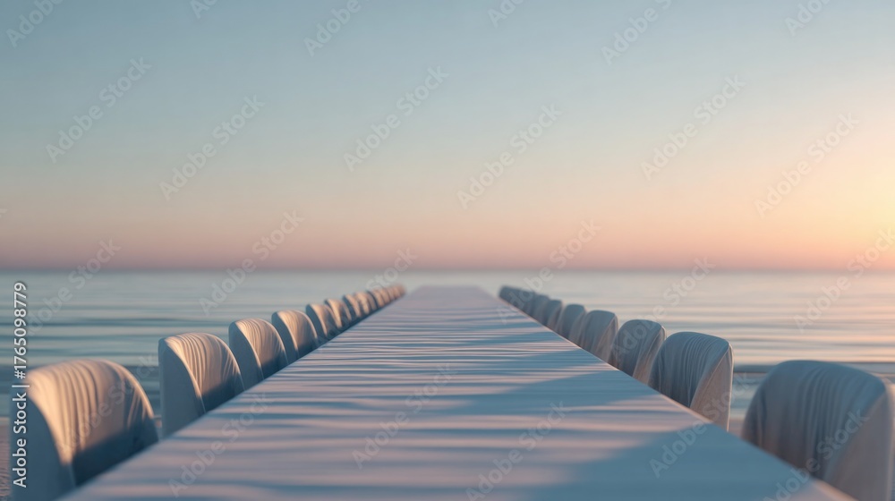 Fototapeta premium Endless holiday table setting at sunset extending into horizon for elegant event design concept