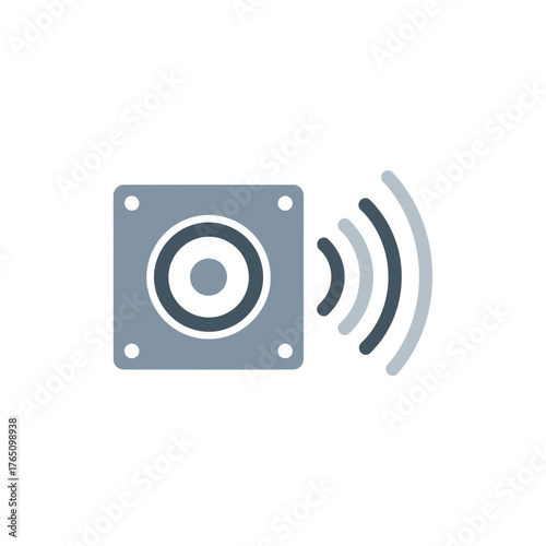 Speaker icon emitting sound waves on a white background.