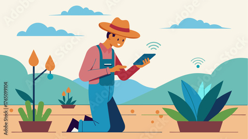 A farmer checks realtime soil moisture levels using IoT sensors ensuring optimal irrigation for their crops.. Vector illustration