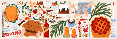 Festive Christmas Feast Vector: Delicious holiday food and baking. Christmas dinner vector illustration with food, turkey, mulled wine, pie, table setting, gingerbread making, cooking, eggnog, dessert